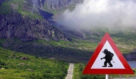 Sign warning for crossing Trolls in a green valley between Ålesund and Åndalsnes, Norway