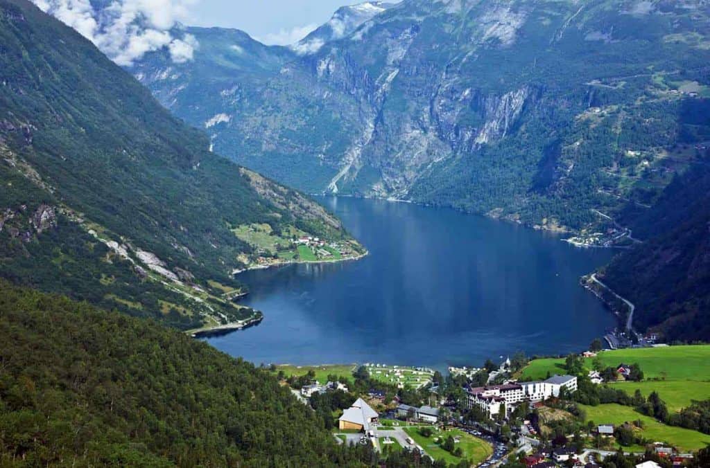 View from Flydalsjuvet over Geiranger, the quiet Geirangerfjord and the Eagle Road