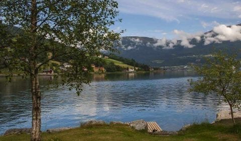 Idyllisk utsikt fra vannkanten mot en stille fjord, omringet av grønne fjell