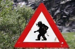 Traffic sign warning for crossing trolls in Åndalsnes, Norway
