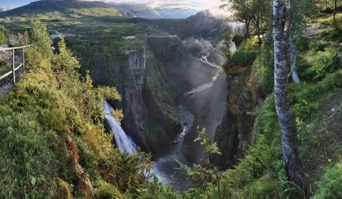 Vue sur la cascade de Voringsfossen qui dévale la montagne dans la vallée verte de Mabodalen