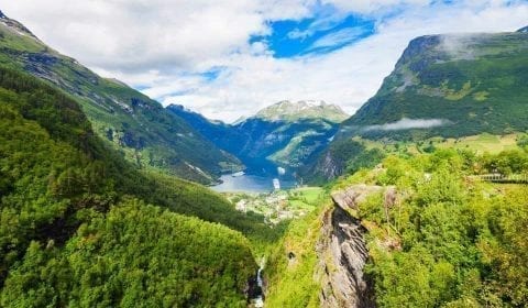 Green mountains surrounding the Geirangerfjord, seen from the gorge of Flydalsjuvet