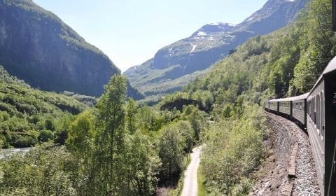 De Flåmtrein rijdend door een groene vallei omringd door indrukwekkende bergen