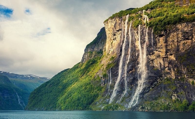 The Seven Sisters waterfalls flowing into the Geirangerfjord