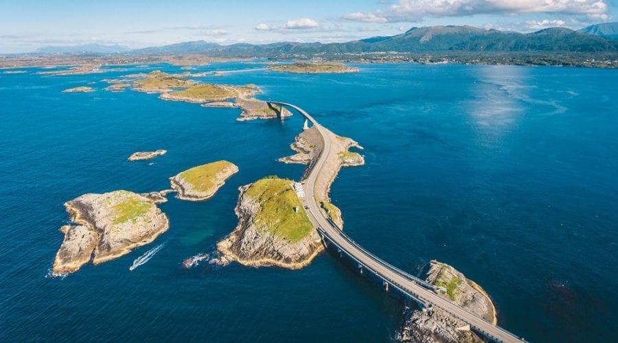 The Atlantic Ocean Road as seen from above as it winds its way through islets over the Atlantic Ocean