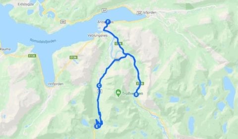 Google map of Åndalsnes Private the Troll Road and Troll Wall