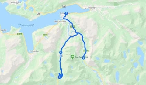 Google map of Åndalsnes the Troll Road and Troll Wall