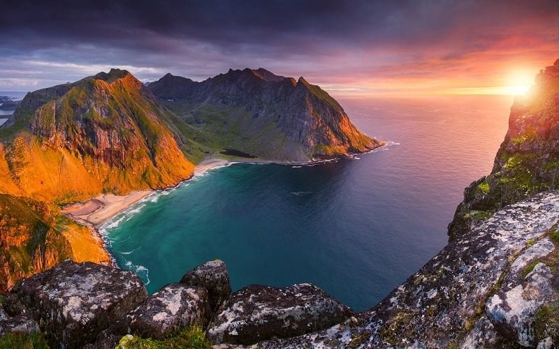 A colorful sunset over the beautiful Lofoten islands in Norway