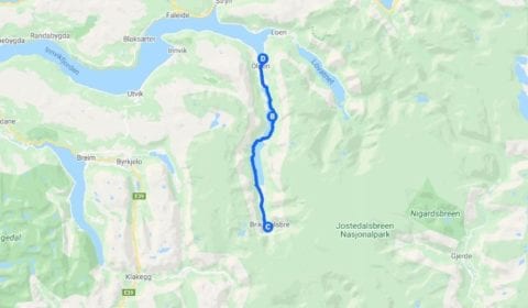 Google mapa del tour Olden Privado el Asombroso Glaciar Briksdal