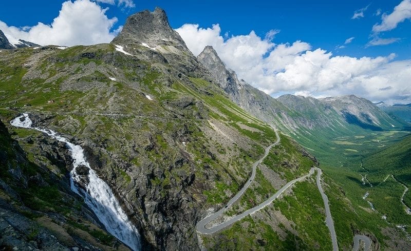 A view over Trollstigen (Troll Road), a mountain road in Norway with 11 hairpin bends