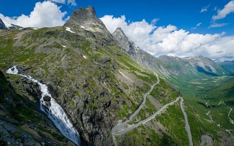 A view over Trollstigen (Troll Road), a mountain road in Norway with 11 hairpin bends