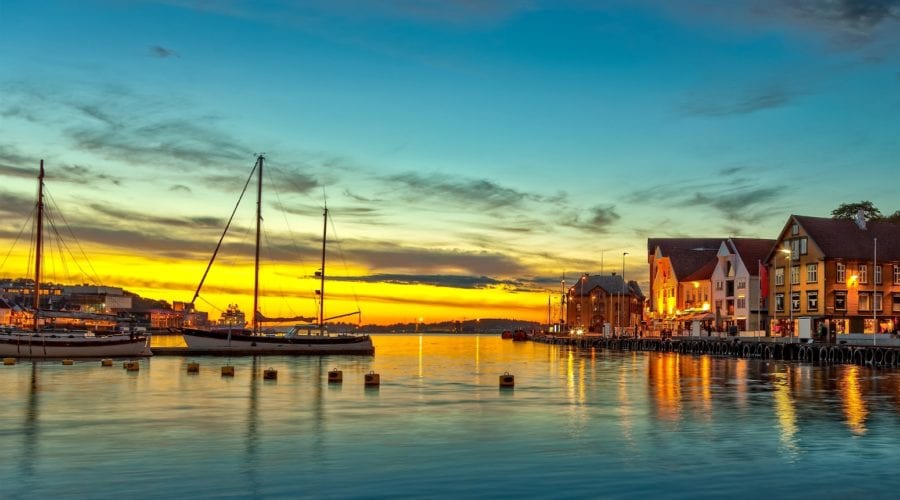 The city of Stavanger, near the harbor at sunset