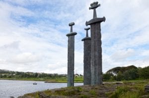 Swords in Rock (Sverd i fjell), three large swords stand on a hill as a monument to when King Harald Fairhair gathered Norway into one kingdom in 872