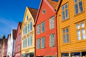 Colorful wooden buildings in the Bryggen area of Bergen