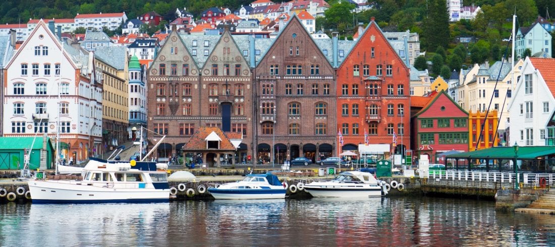 A view of the harbor and colorful buildings in Bergen, Norway