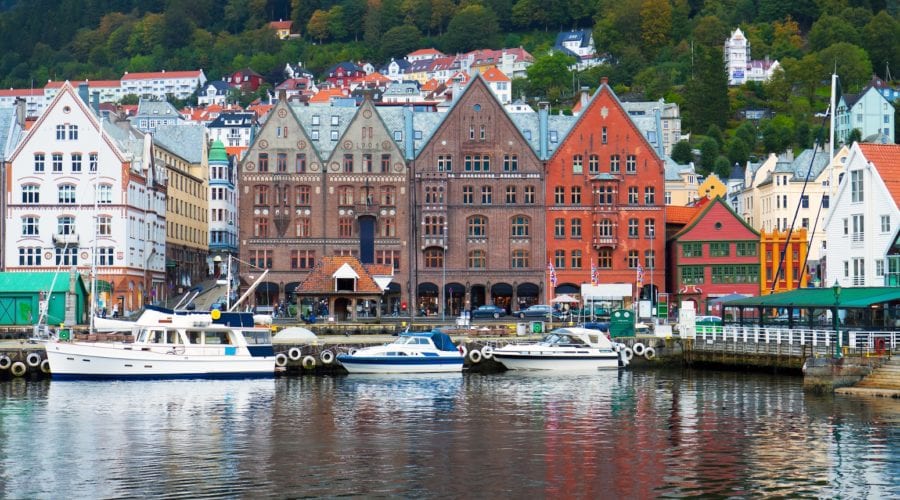 A view of the harbor and colorful buildings in Bergen, Norway