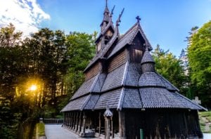 Fantoft Stave Church at sunset in Bergen