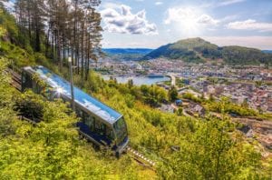 The fløibanen funicular going up Mount Fløyen with a view of the city of Bergen