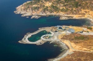 A birds-eye view over the aquarium and the Atlantic Ocean on the island of Hessa in Ålesund, Norway