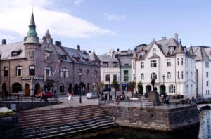 A view of striking Art Nouveau architecture in Ålesund, Norway