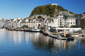 A view of the stairs going up Mount Aksla from the city of Ålesund, Norway