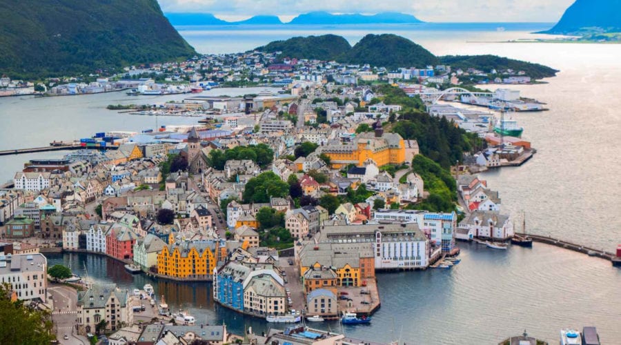 A view over the Art Nouveau city of Ålesund, Norway and its surrounding islands