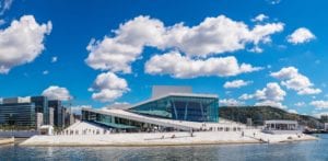 A view of the Oslo Opera House on a summer day.