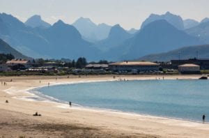 A view of the white sandy beaches along the coast in the Lofoten islands, Norway