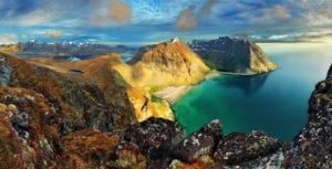 A panoramic view of a mountainous landscape in Lofoten, Norway