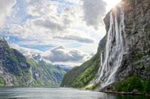 A view of the majestic Seven Sisters waterfalls in Geiranger fjord, Norway.