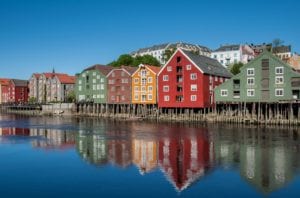 A view of the colorful buildings in the Bakklandet neighborhood in Trondheim
