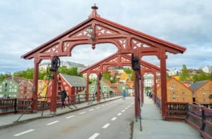 A view of the arches of Gamle Bybroa (Old City Bridge) in Trondheim, Norway.