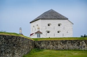 Old Kristiansten Fortress White Tower, historical touristic attraction at Trondheim, Norway