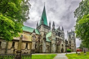 A view of the medieval Niadros Cathedral in Trondheim, Norway.