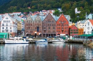 A view from the water of the old wharf of Bryggen in Bergen, Norway