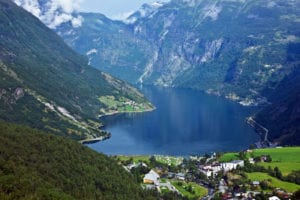 A view over the village of Geiranger and Geirangerfjord in Norway.