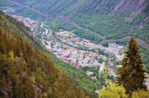 View over Rjukan, Norway from the top of Krossobanen