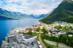 a birds-eye view of the town of Åndalsnes including the Rauma line.