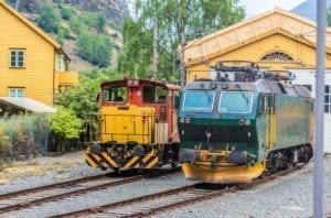 Trains at a train station in Flåm, Norway.