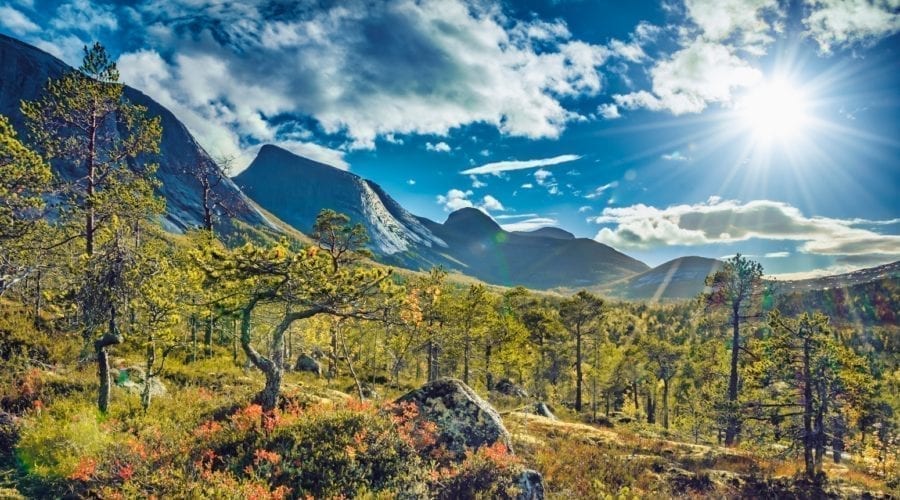 Scenic view into the Efjorddalen valley wilderness in Norway in warm autumn light with Kuglhornet summit in background.