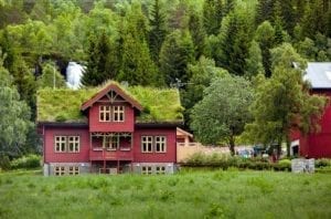 Beautiful wooden house with grass on the roof in Norway in cloudy weather.