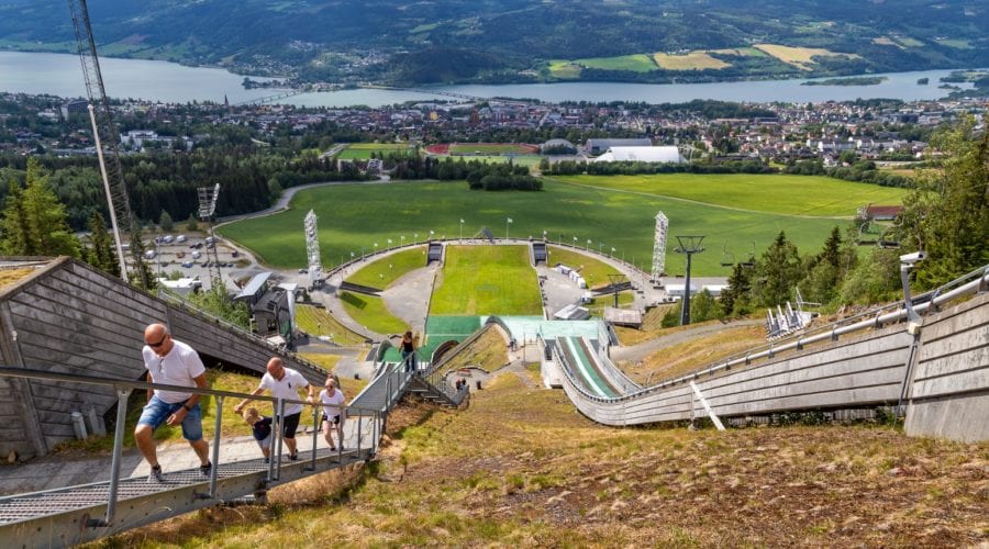 A view looking over Lillehammer from the Lysgardsbakken ski jumping arena in Lillehammer, Norway.