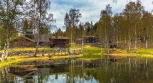 Traditional houses in Maihaugen open-air museum in Lillehammer, Norway.