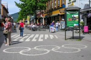 Olympic rings on the street in the city center of Lillehammer, Norway.