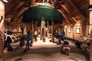 Inside the Viking Longhouse in the Lofotr Viking Museum at the town of Borg in the Lofoten Islands, Norway.