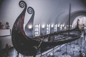 The large Oseberg Viking ship in the Viking Ship Museum in Oslo, Norway.