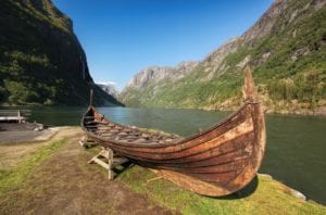 Old viking boat in Gudvangen village near Flam, Norway