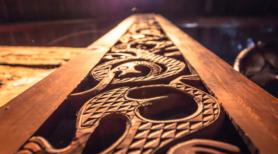 Detail of a Viking decoration Inside the Longhouse in the Lofotr Viking Museum in the town of Borg in the Lofoten Islands, Norway