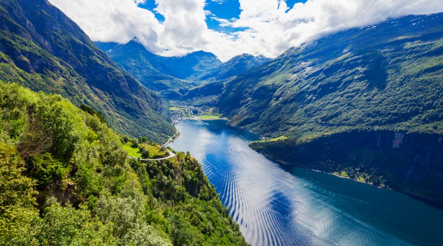 A view over Geiranger and Geirangerfjord in Norway.