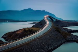 A dramatic view of one of the bridges that make up the Atlantic Ocean Road, Norway.